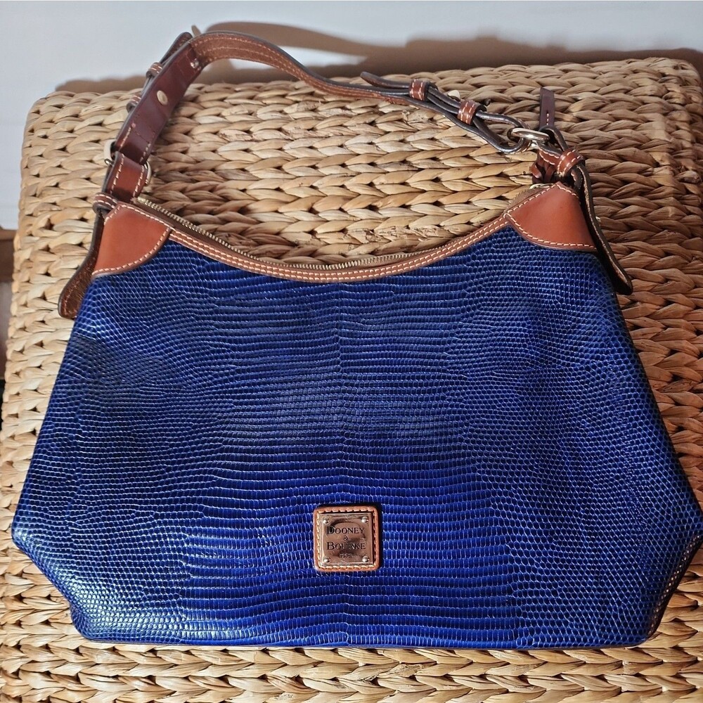 Dooney & Bourke Shoulder Bag Lizard Embossed Hobo Style blue gold